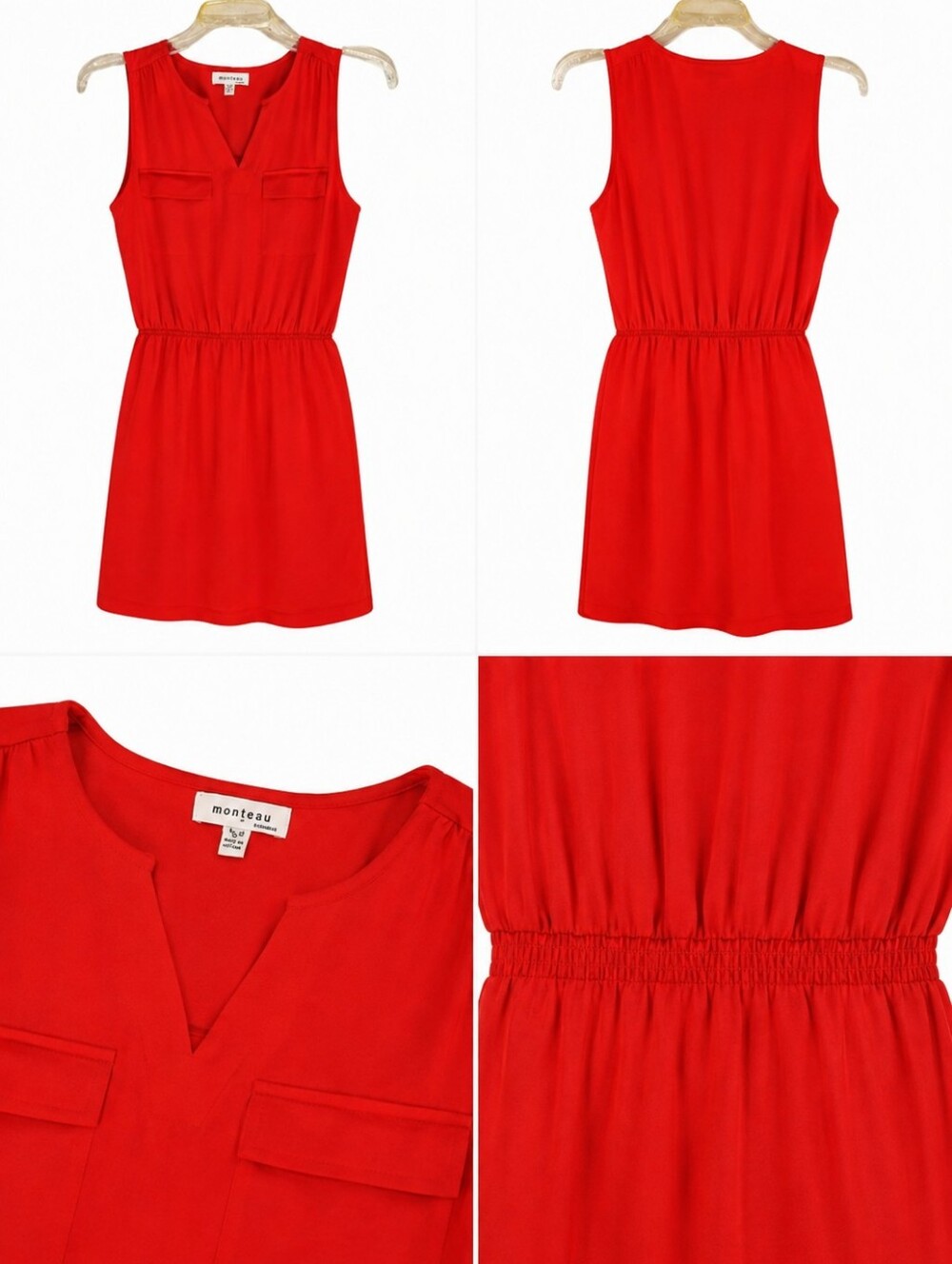 Casual Red Dress With Collar And Smocked Waistline Front Flap Pockets